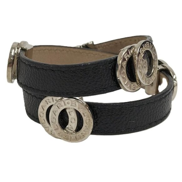 Bvlgari Doppio Tondo Double Coil Bracelet Leather Plated Silver Black
